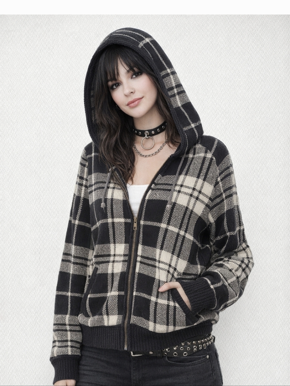 Black and White Knit Cotton Sweater Zip Hoodie